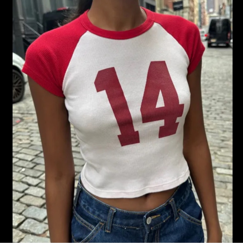 BRANDY MELVILLE “14” Red and White Graphic Crop Top